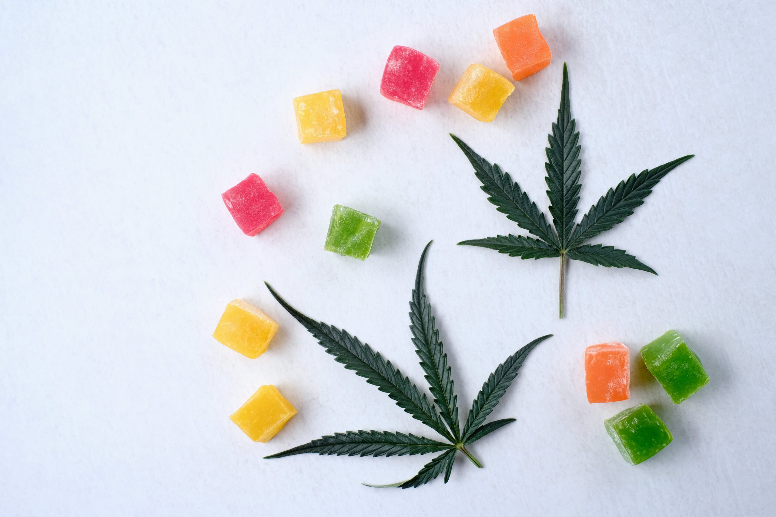 Marijuana leaves and gummy edibles